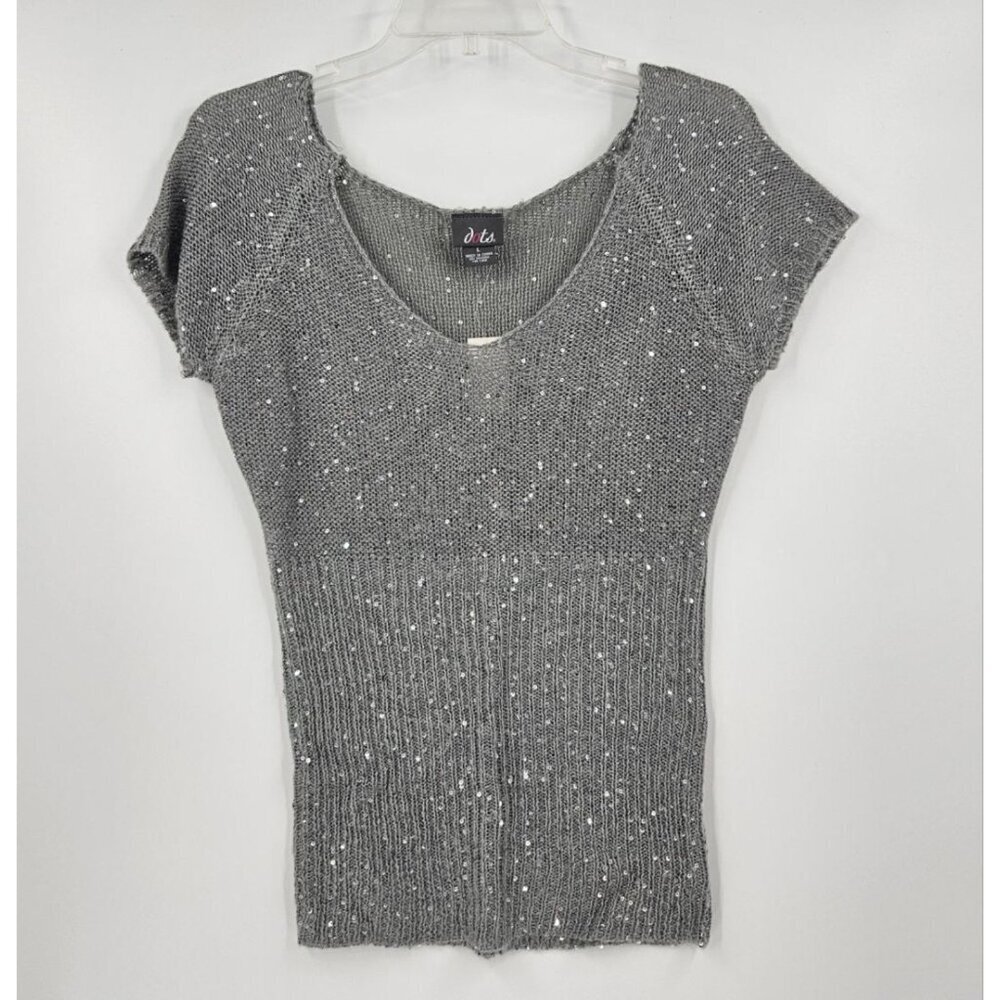 DOTS Womens Gray Sequined Cap Sleeve Sweater Ribbed Lower Half Sz L